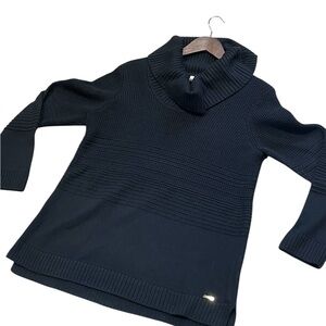 Calvin Klein Black‎ Waffle Ribbed Knit Cowl Neck Sweater Gold Logo Size L Heavy
